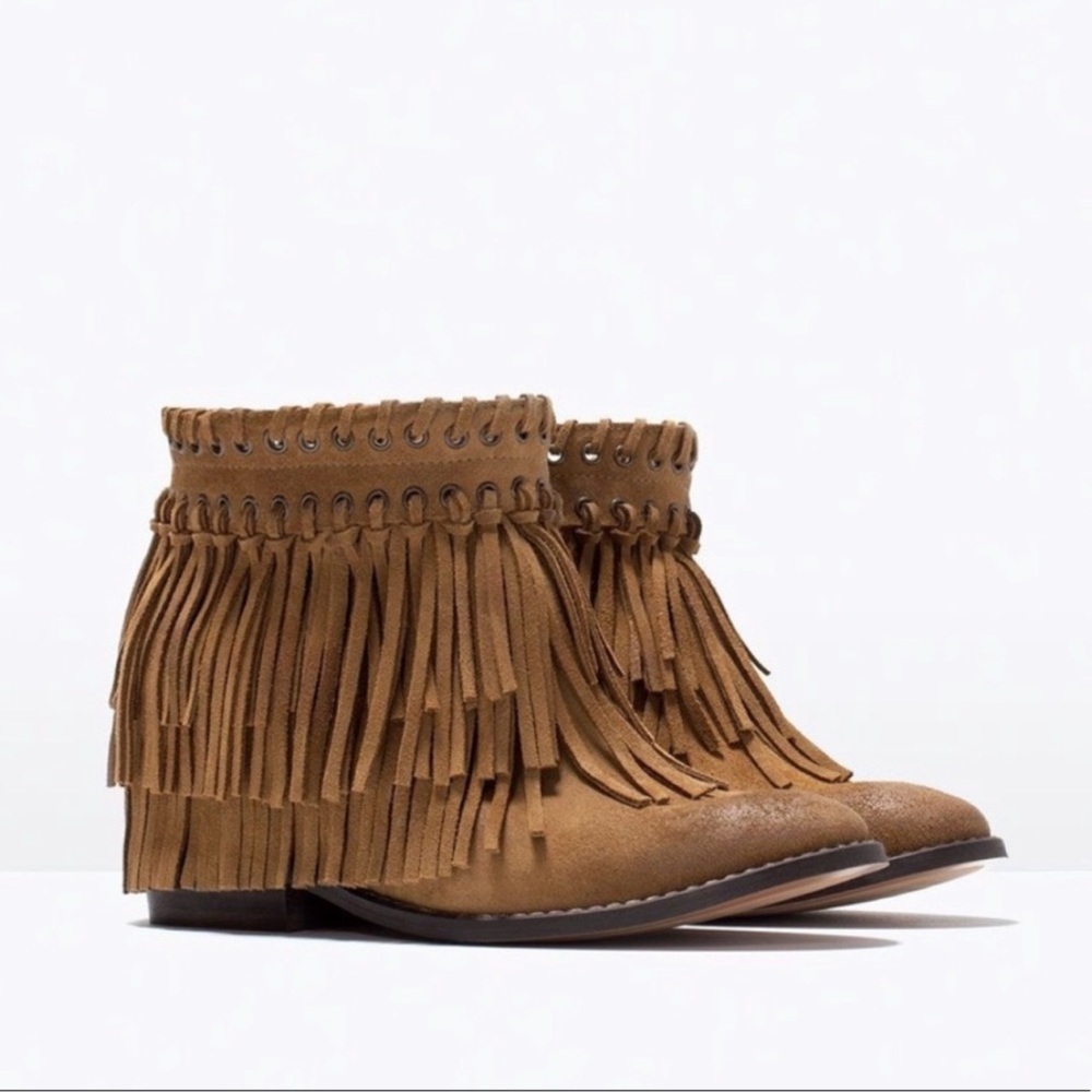 Zara Suede Finge Boho Wedge Ankle Boots 9 - Picture 9 of 9